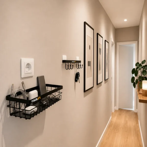 Wall-Mounted Entryway Organizer Rack with Basket and Key Hooks