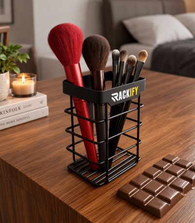 Rackify black metal makeup brush organizer holding cosmetic brushes on a vanity table
