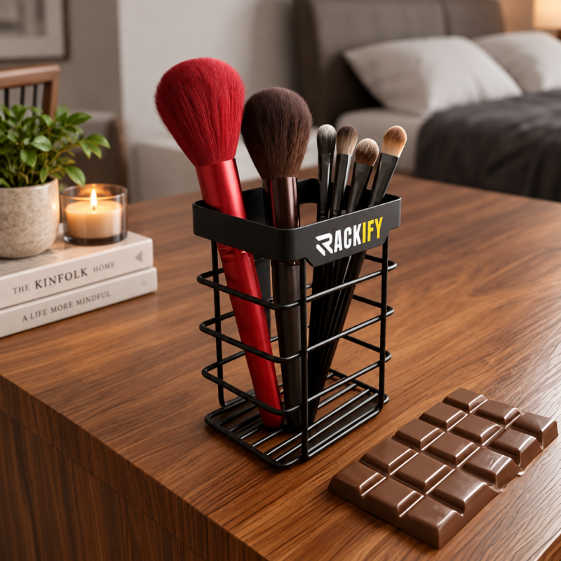 Rackify black metal makeup brush organizer holding cosmetic brushes on a vanity table