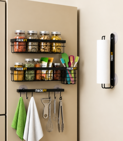 Rackify wall mounted kitchen basket organizer with spice jars, utensils, towels and paper towel holder