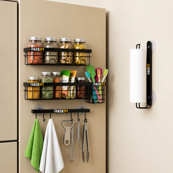 Rackify wall-mounted kitchen basket organizer with spice jars and towel hook kitchen storage rack