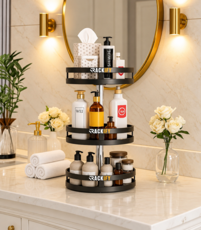 Black 3-tier bathroom countertop organizer with skincare and toiletries