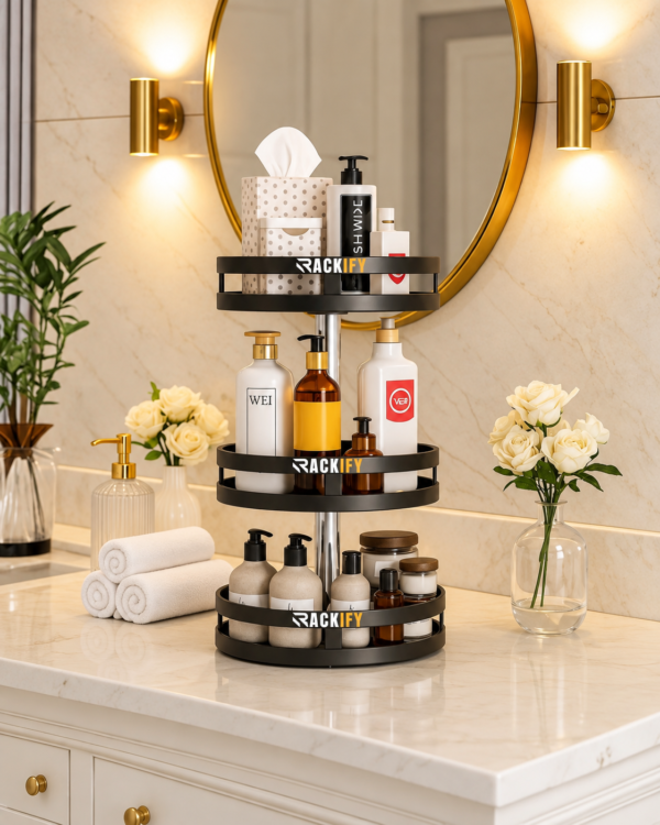 Black 3-tier bathroom countertop organizer with skincare and toiletries