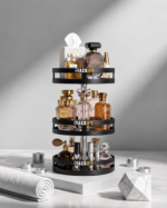 Black 3-tier rotating perfume organizer with cosmetics and skincare products