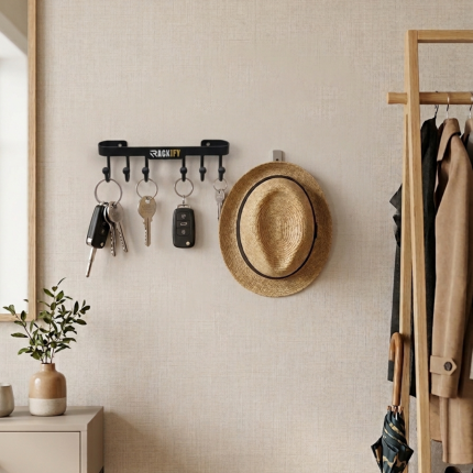 6-Hook Wall Mounted Rail Organizer - Black Metal | The Rackify